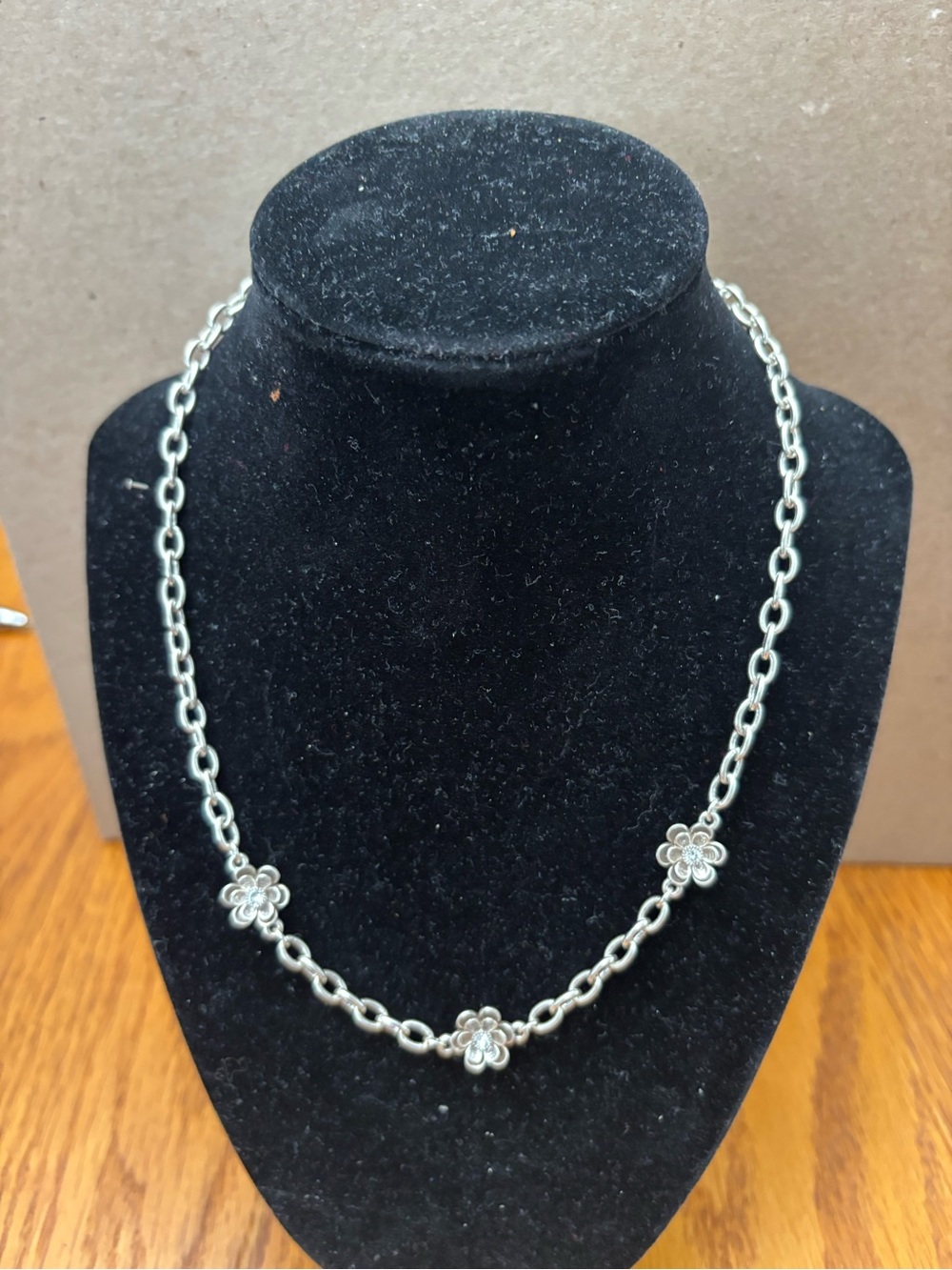 Brighton Metal Pedal Sterling Silver Floral Link Necklace with crystal accents.